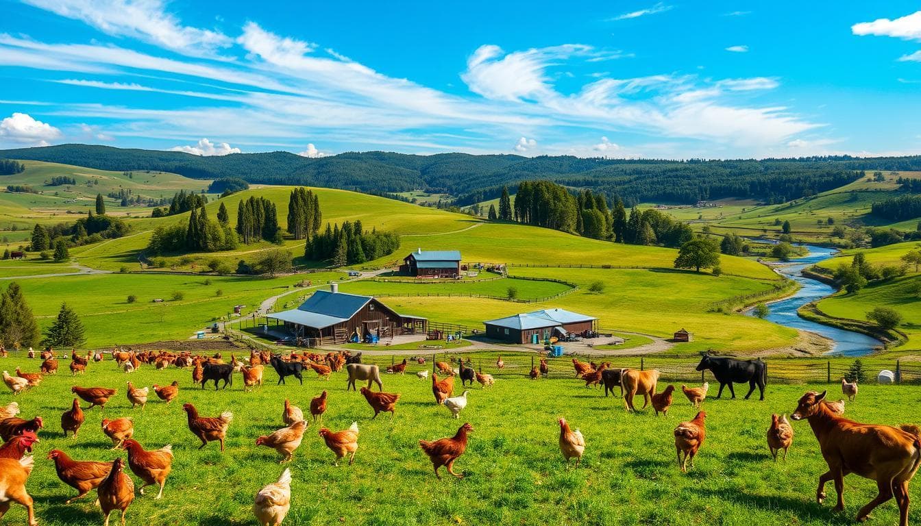 Cattle and chickens grazing on a farm surrounded by green pastures
